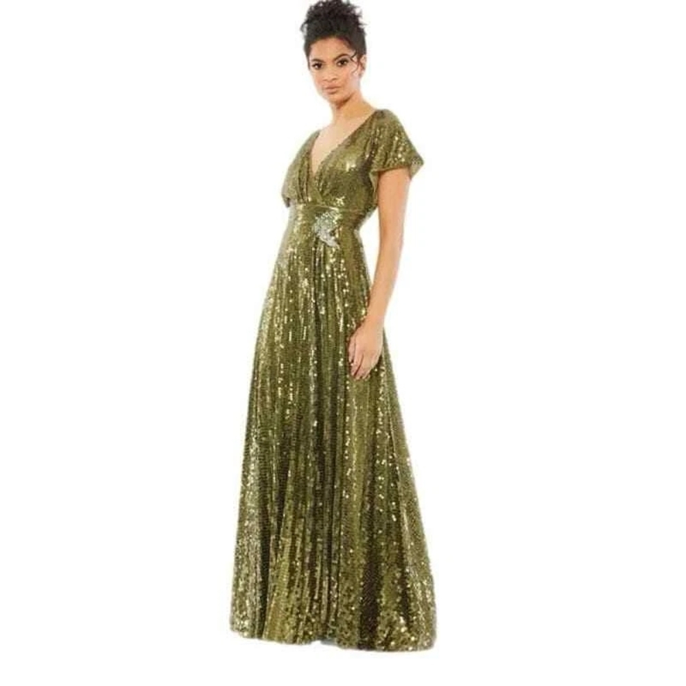 Mac Duggal 10773 sz 12 sequined green butterflyElegant Gold Sequin Evening Gown